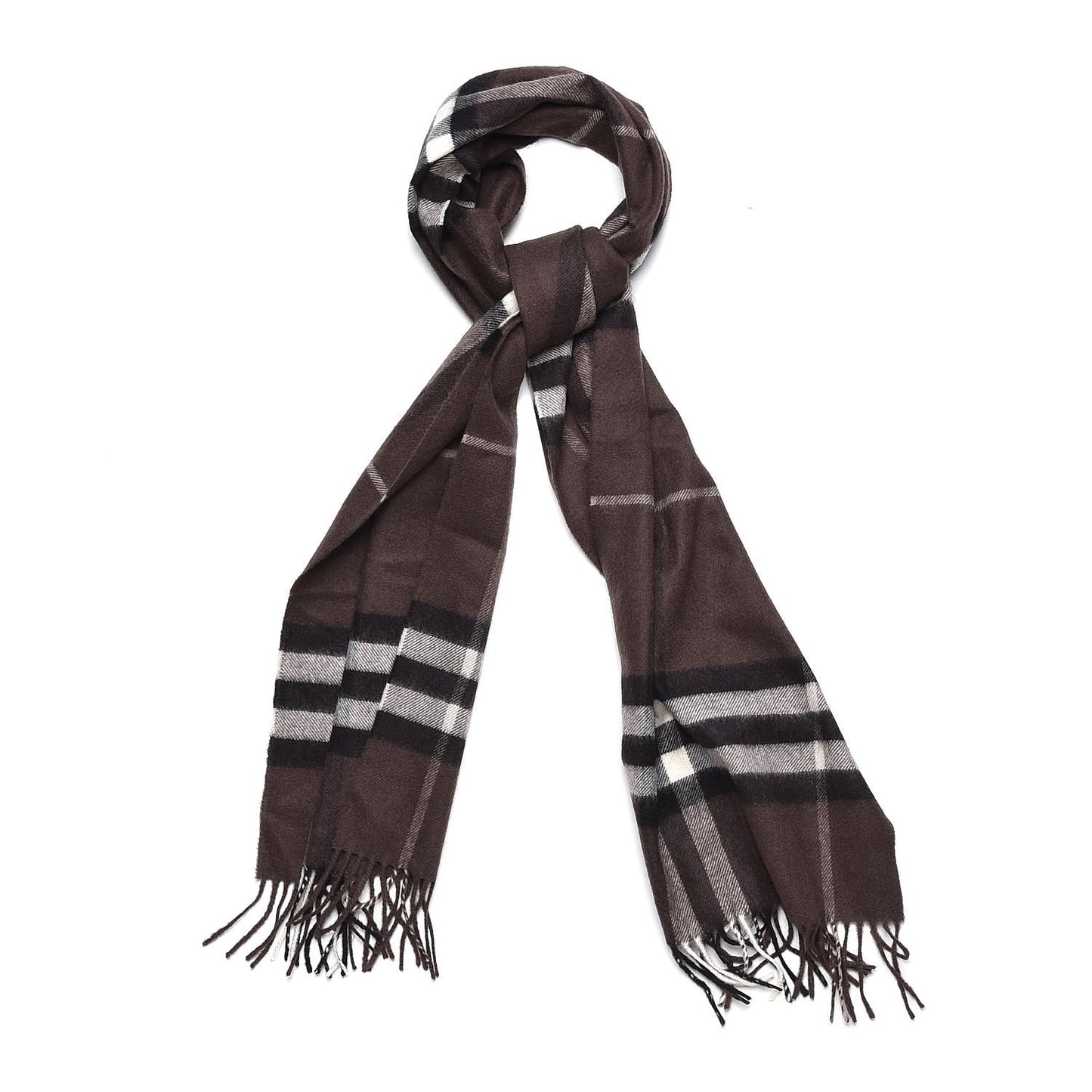 Cashmere Giant Check Fringe Scarf Bitter Chocolate