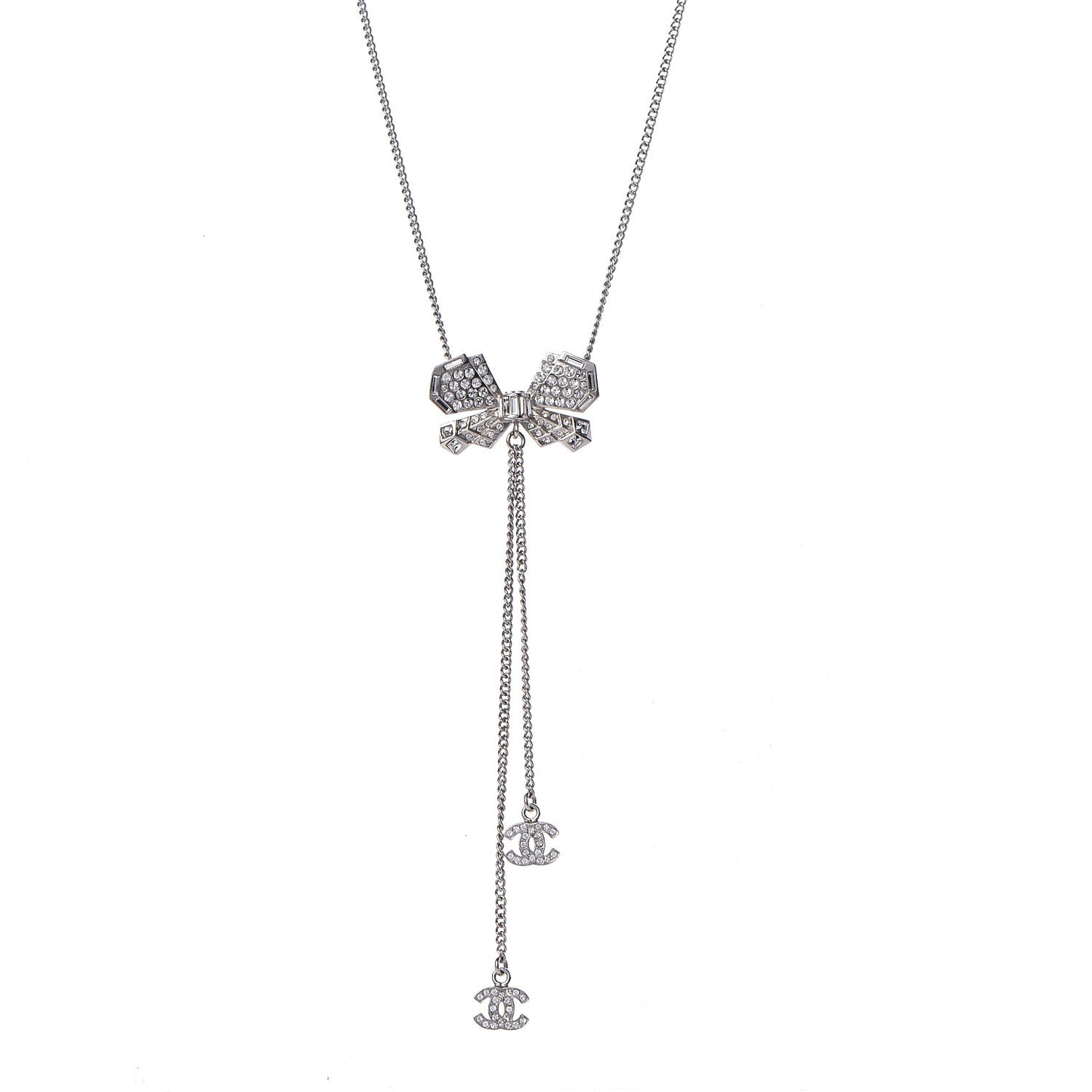 Crystal CC Bow Drop Necklace Silver