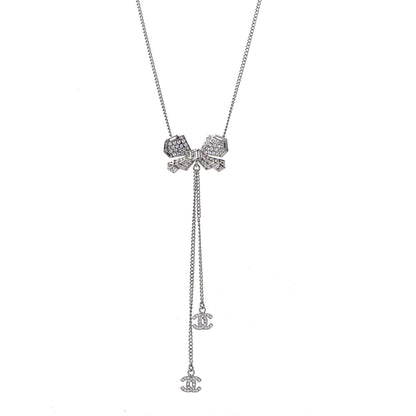 Chanel Crystal CC Bow Drop Necklace Silver 1 of 5