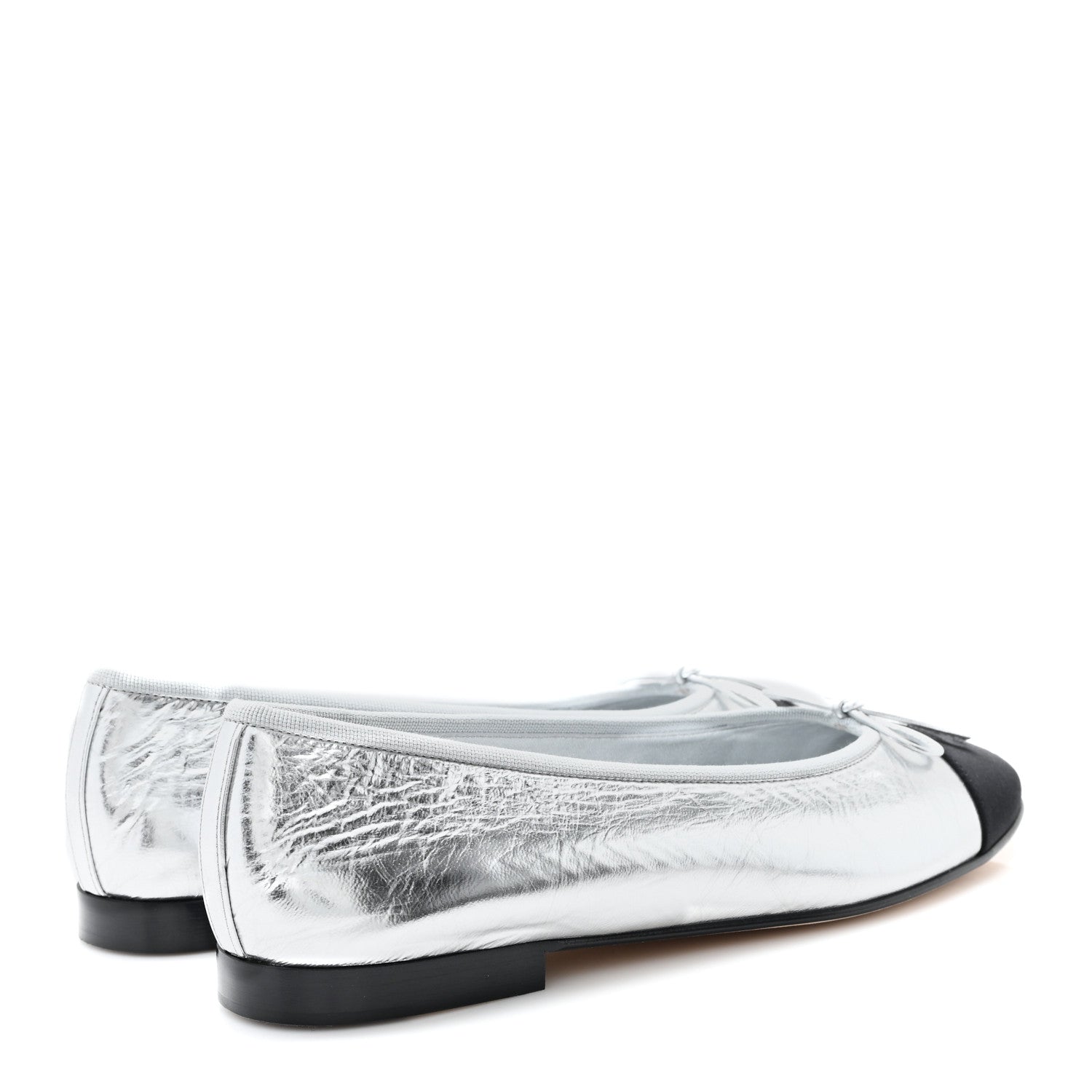 Chanel Laminated Crumpled Lambskin Grosgrain Cap Toe CC Ballerina Flats 41 Silver Black 5 of 11