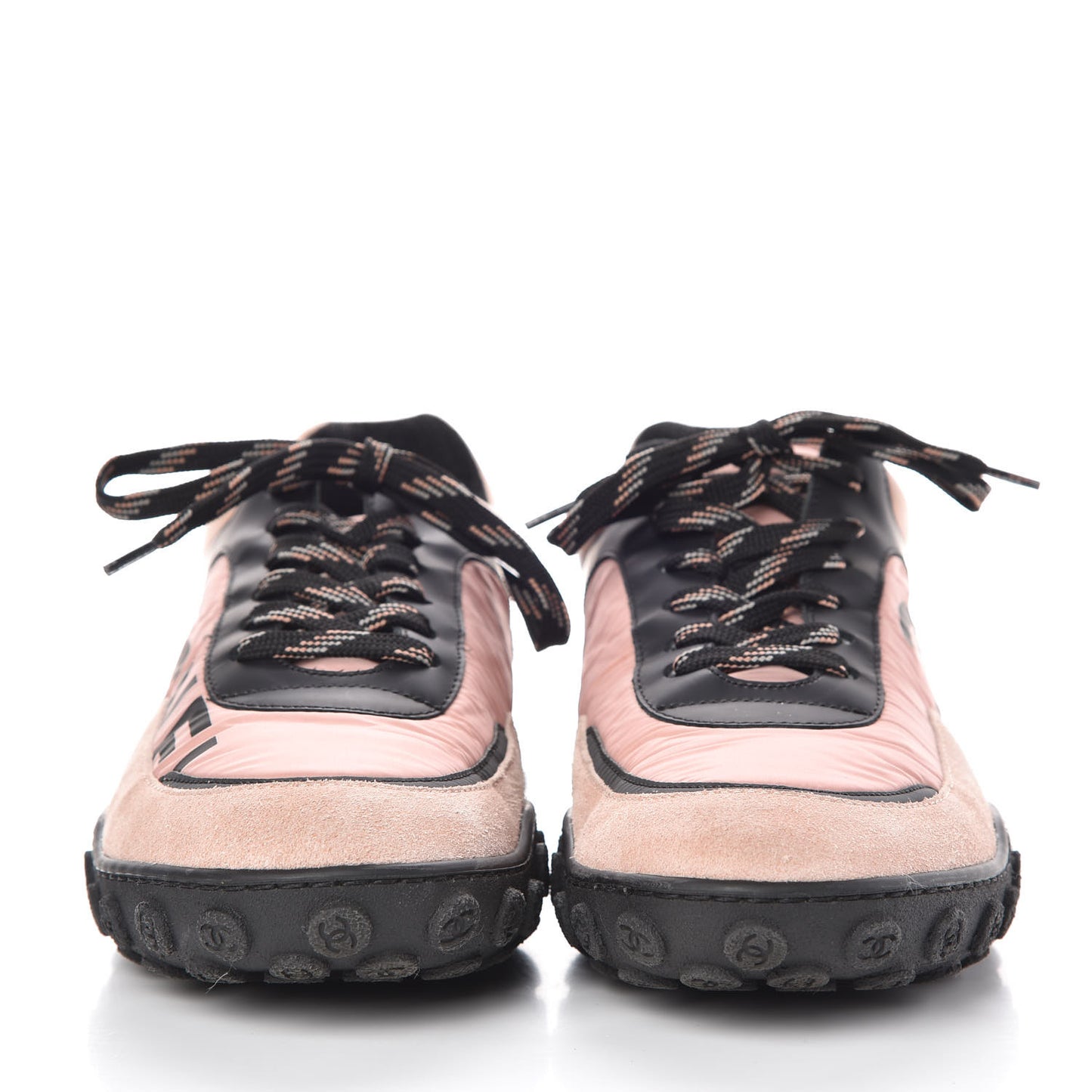 Nylon Calfskin Suede CC Womens Sneakers 38 Pink Black