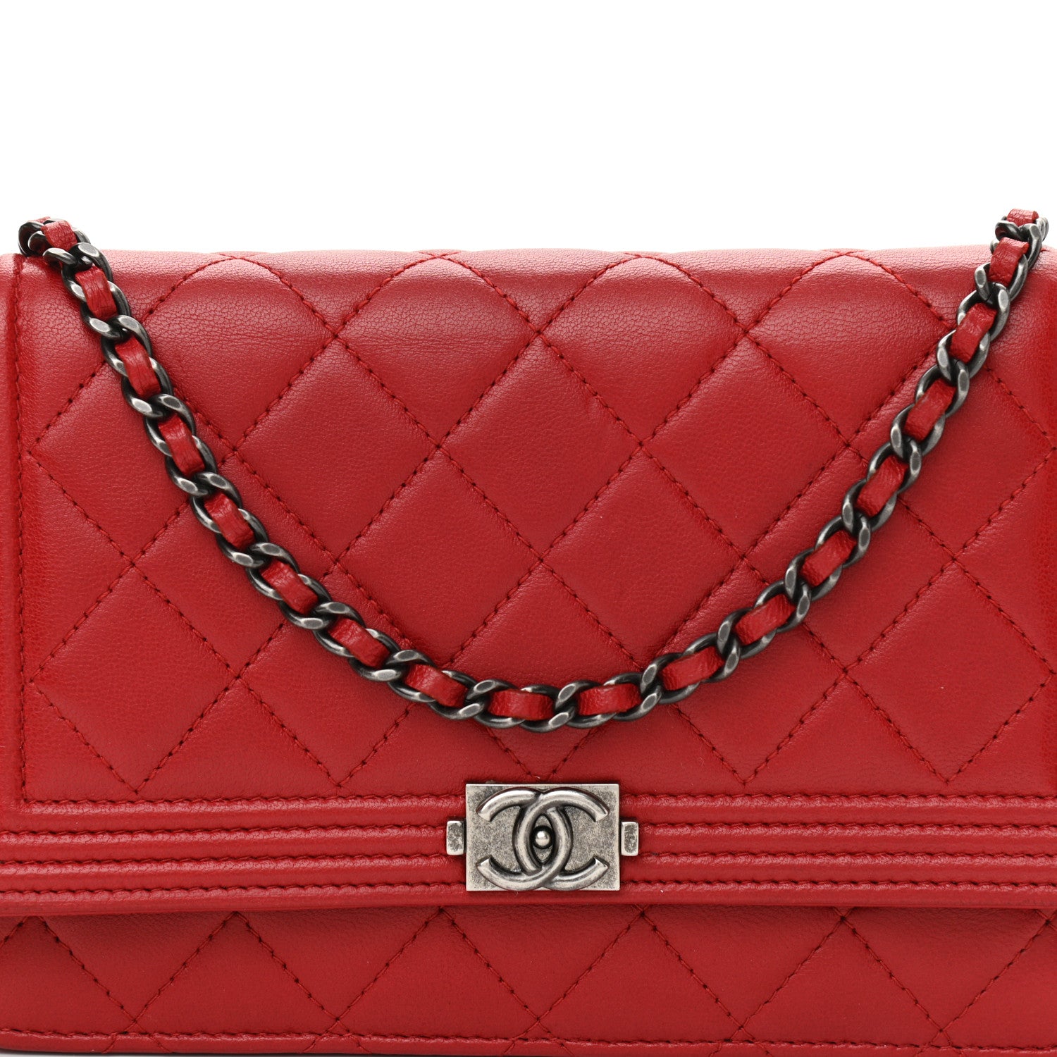 Chanel Lambskin Quilted Boy Wallet On Chain WOC Red 9 of 11