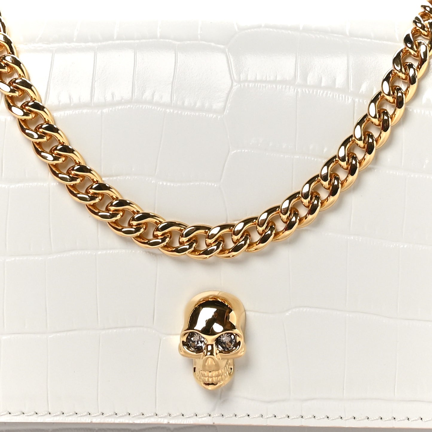 ALEXANDER MCQUEEN Calfskin Crocodile Embossed Skull Mini Crossbody Bag White
