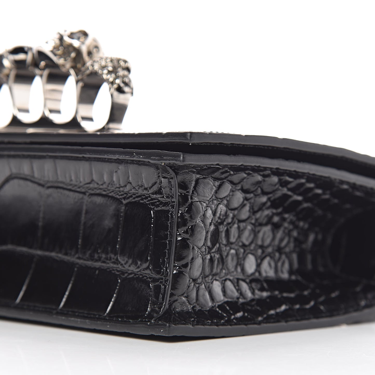 Calfskin Crocodile Embossed Knuckle Shoulder Bag Black