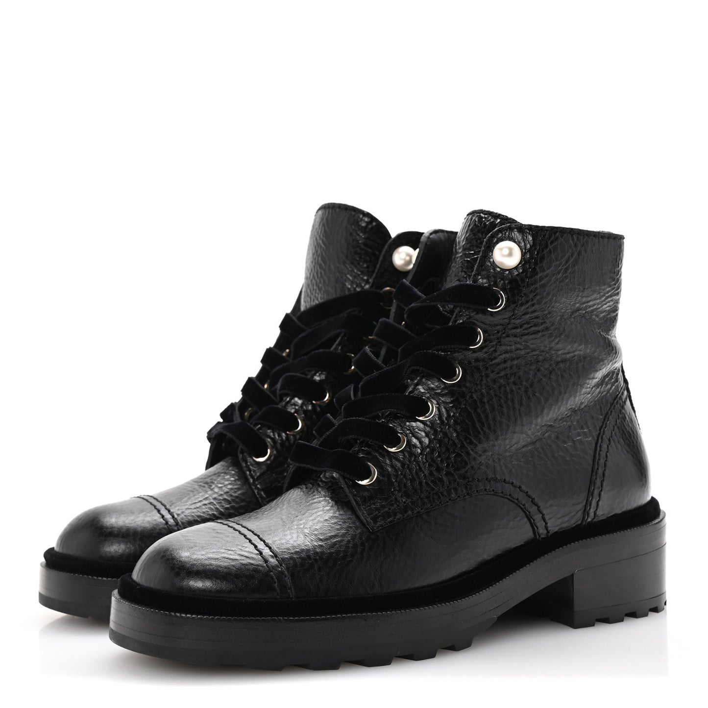 Shiny Calfskin Velvet Pearl Combat Short Boots 38 Black