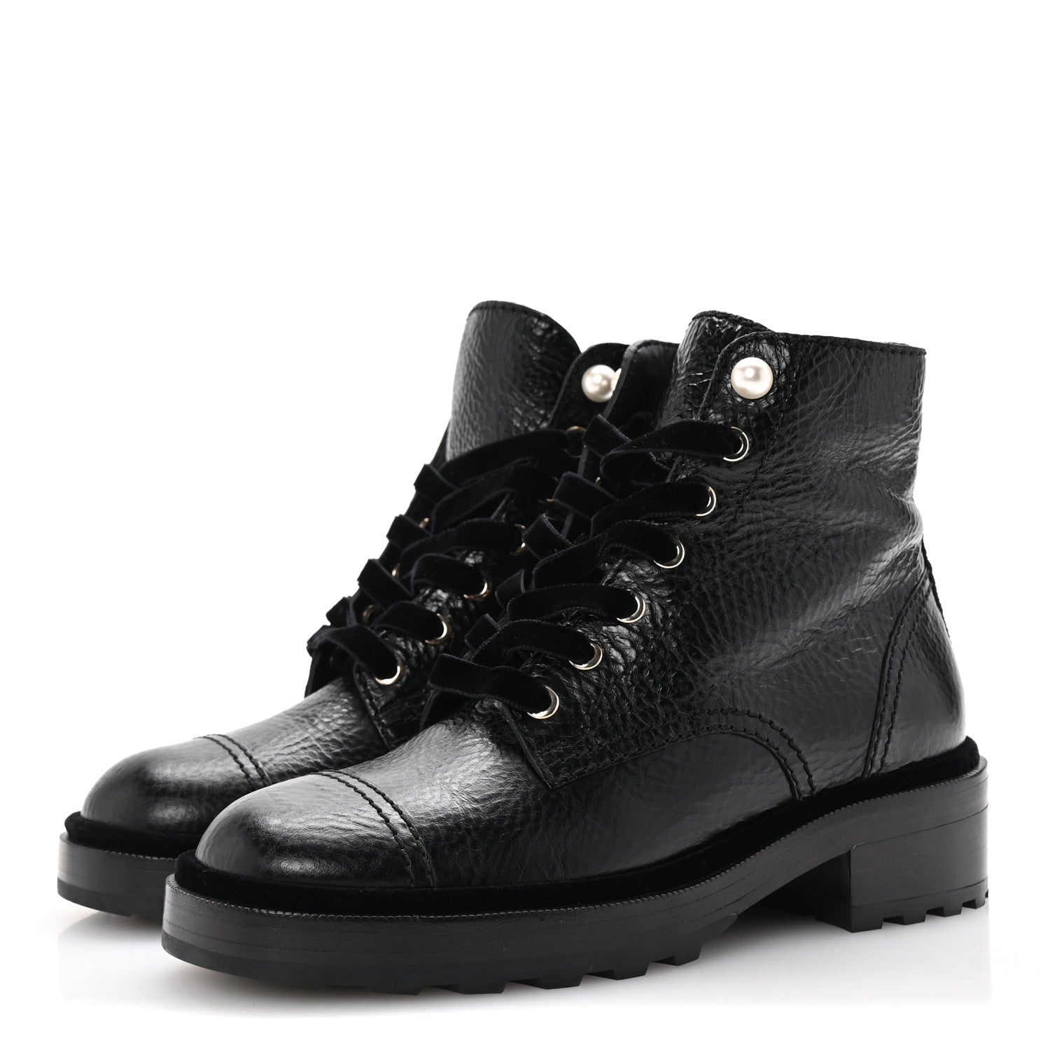 Chanel Shiny Calfskin Velvet Pearl Combat Short Boots 38 Black 4 of 10