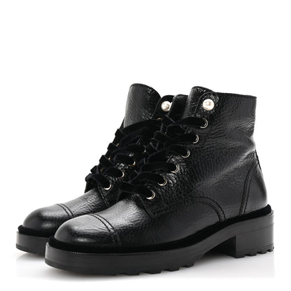 Chanel Shiny Calfskin Velvet Pearl Combat Short Boots 38 Black 4 of 10