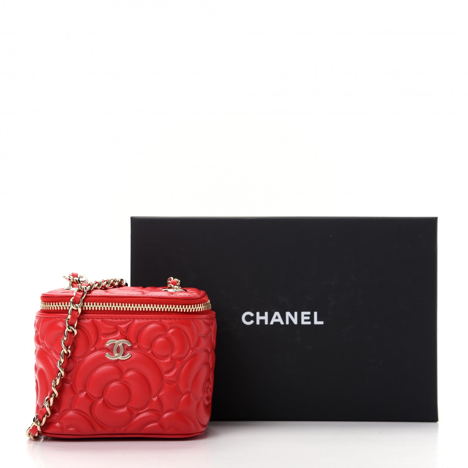 Chanel Lambskin Camellia Embossed Mini Vanity Case With Chain Red 10 of 10
