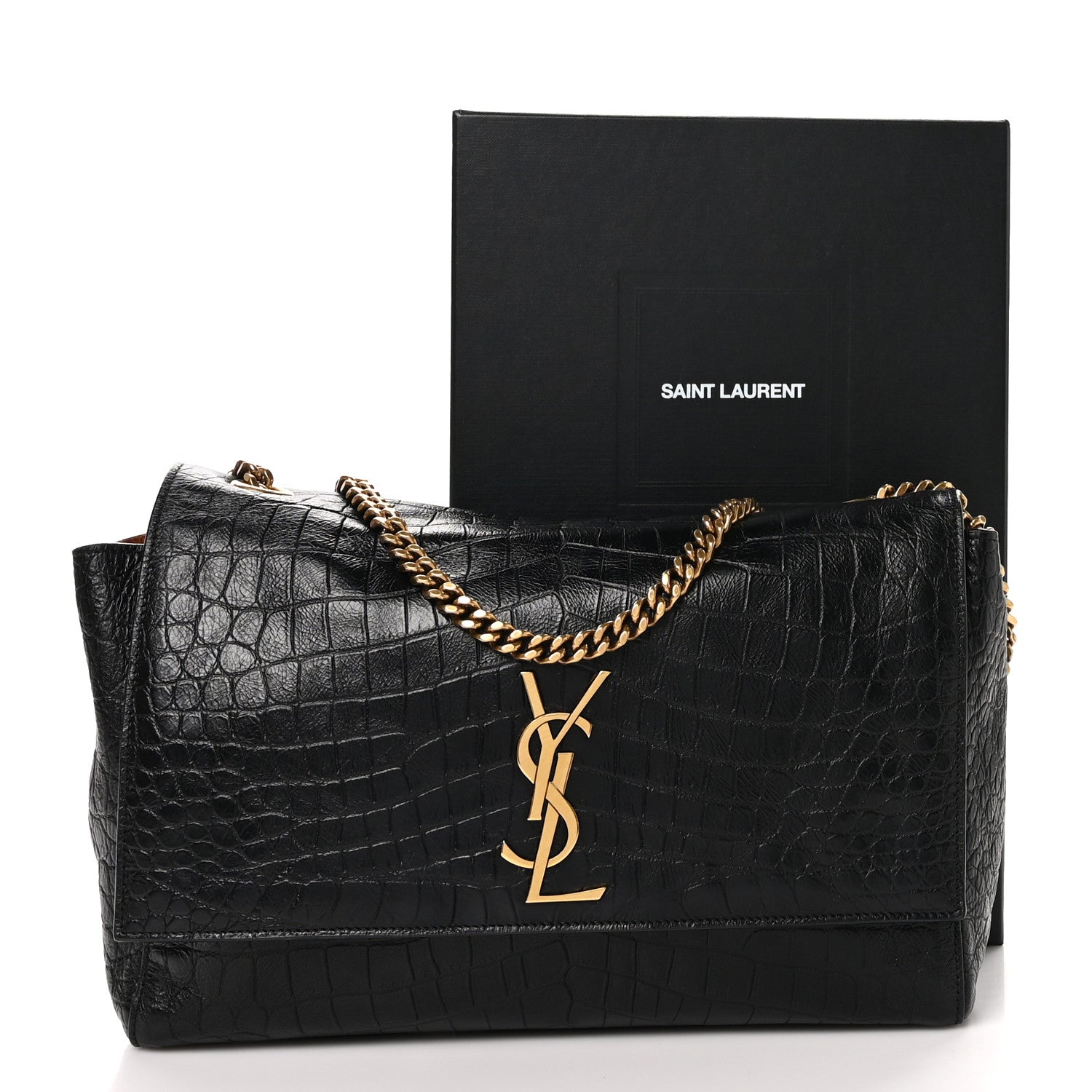 Saint Laurent Calfskin Crocodile Embossed Suede Medium Reversible Monogram Kate Satchel Military Taupe 11 of 11