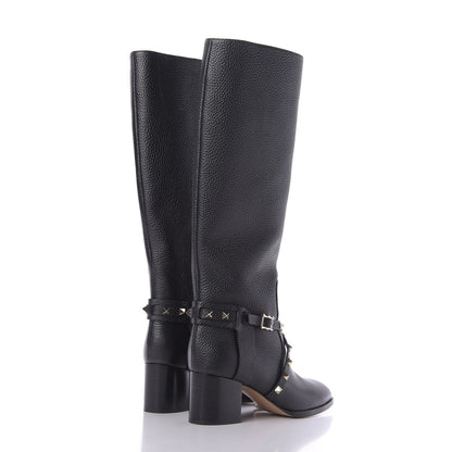 Valentino Garavani Pebbled Calfskin Rockstud Knee High Block Heel 60mm Boots 36.5 Black 4 of 7