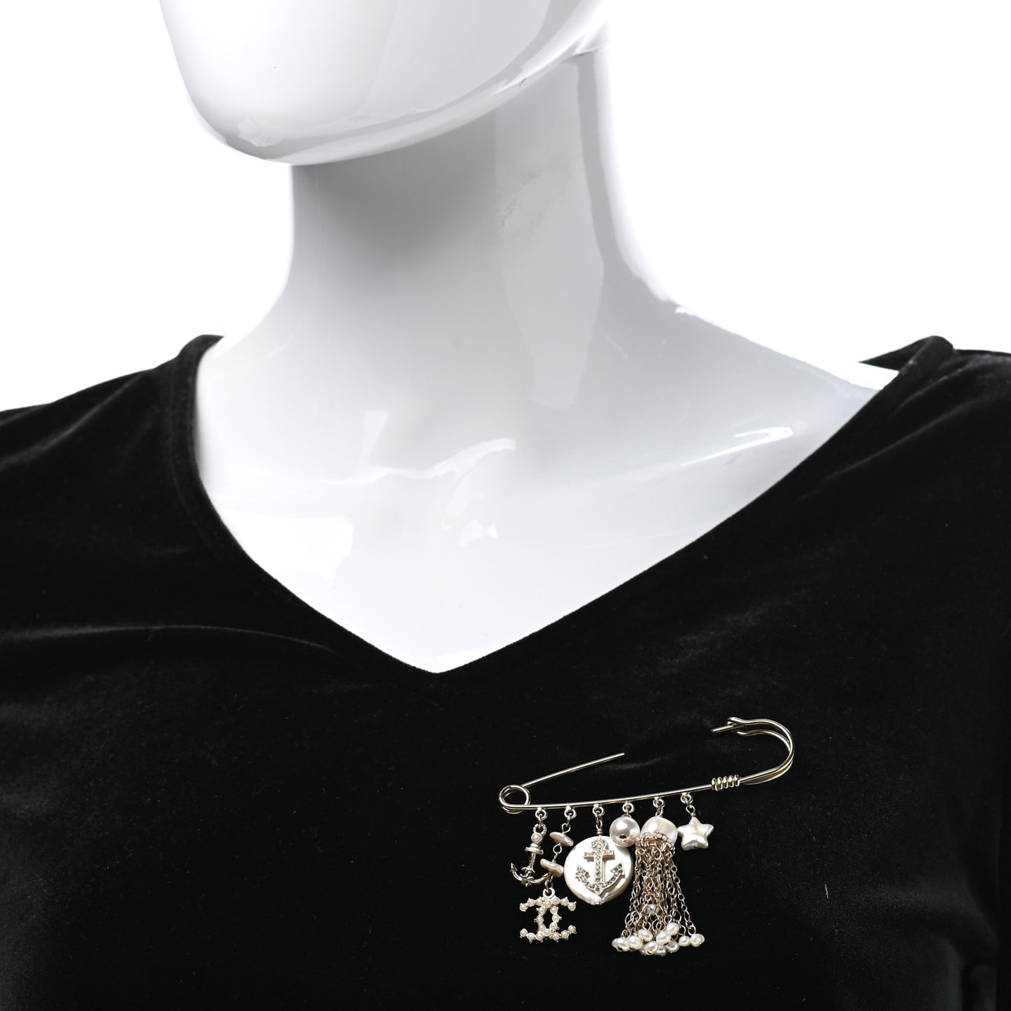 Pearl Crystal CC Charms Safety Pin Brooch Gold