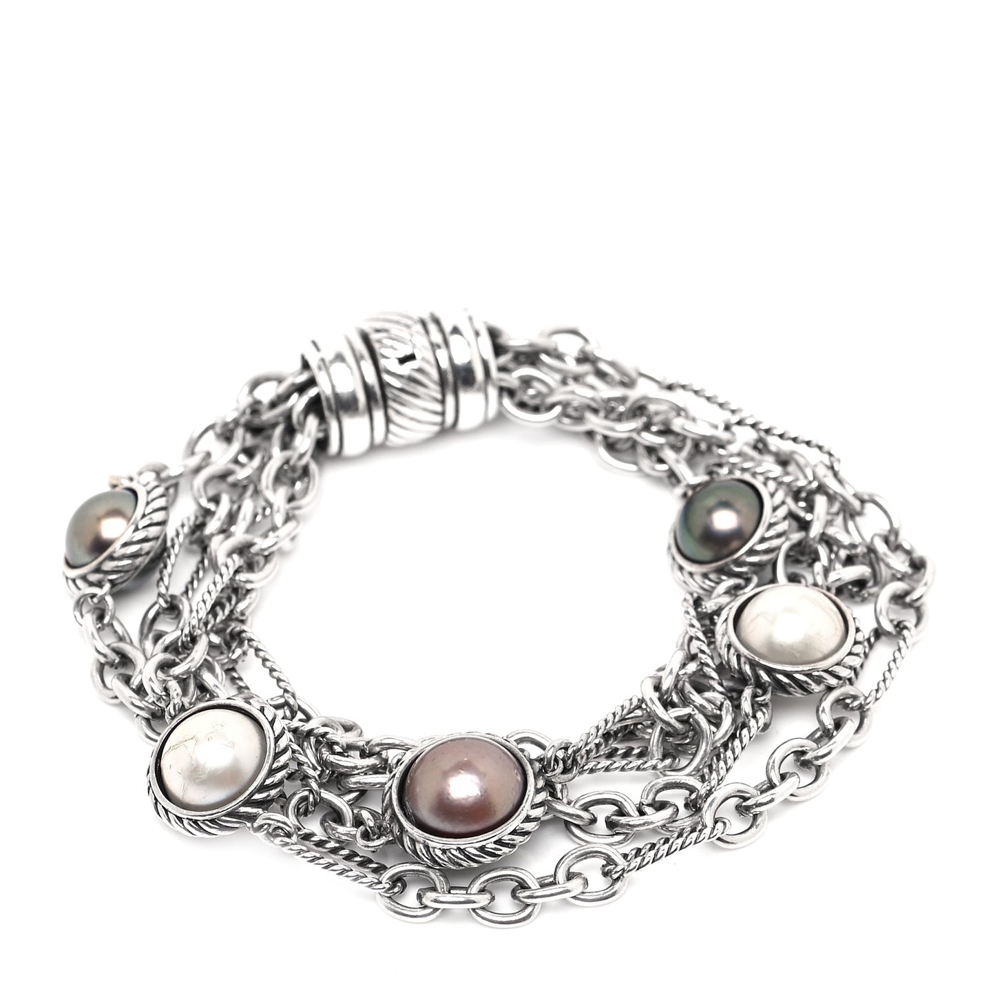 Sterling Silver Pearl Four Row Figaro Bracelet