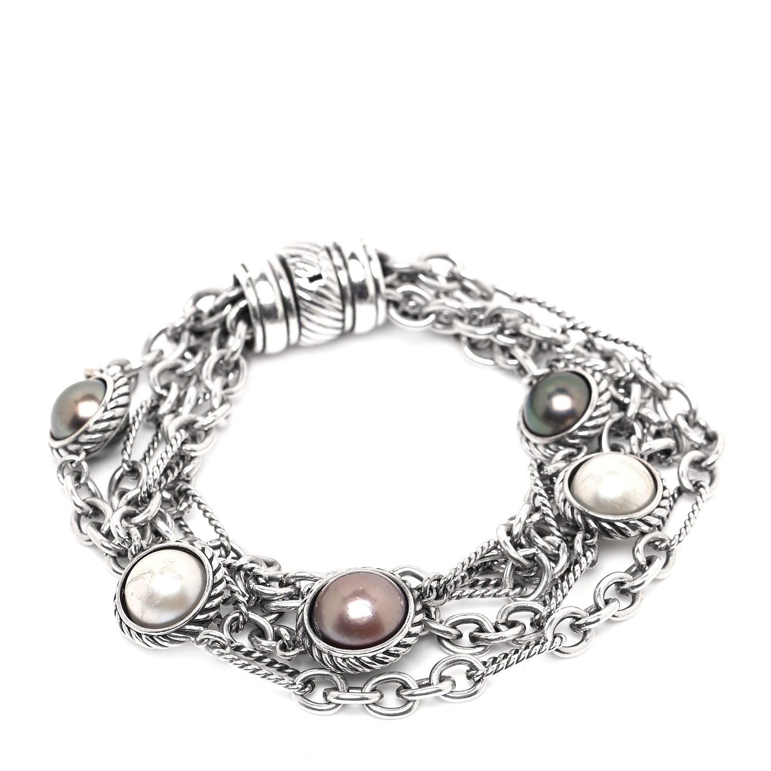 David Yurman Sterling Silver Pearl Four Row Figaro Bracelet 1 of 7