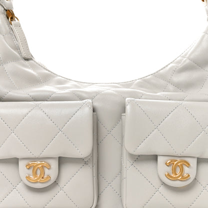 Chanel Shiny Lambskin Quilted Large Trendy Pockets Hobo Light Grey 7 of 9