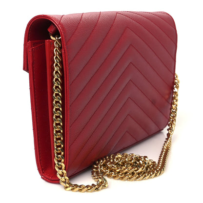 Saint Laurent Grain De Poudre Matelasse Chevron Monogram Chain Wallet Rouge Eros 3 of 10