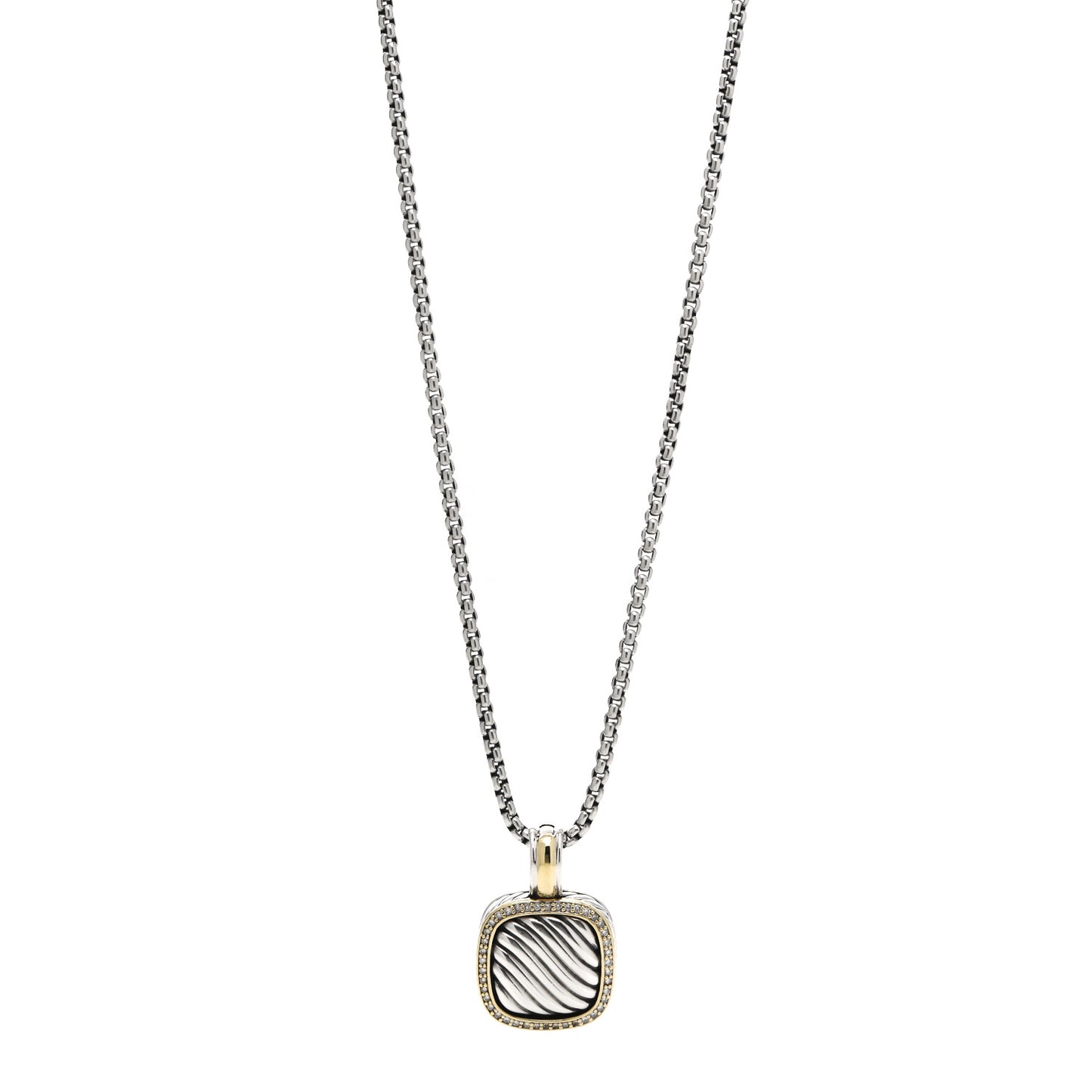 Sterling Silver 18K Yellow Gold Diamond 16mm Sculpted Cable Pendant Necklace