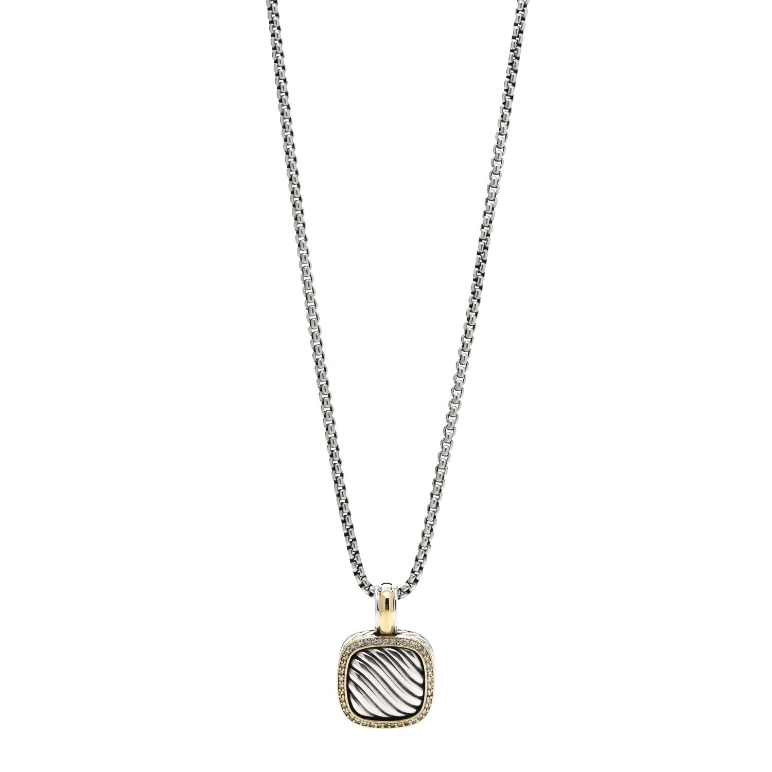 David Yurman Sterling Silver 18K Yellow Gold Diamond 16mm Sculpted Cable Pendant Necklace 1 of 4