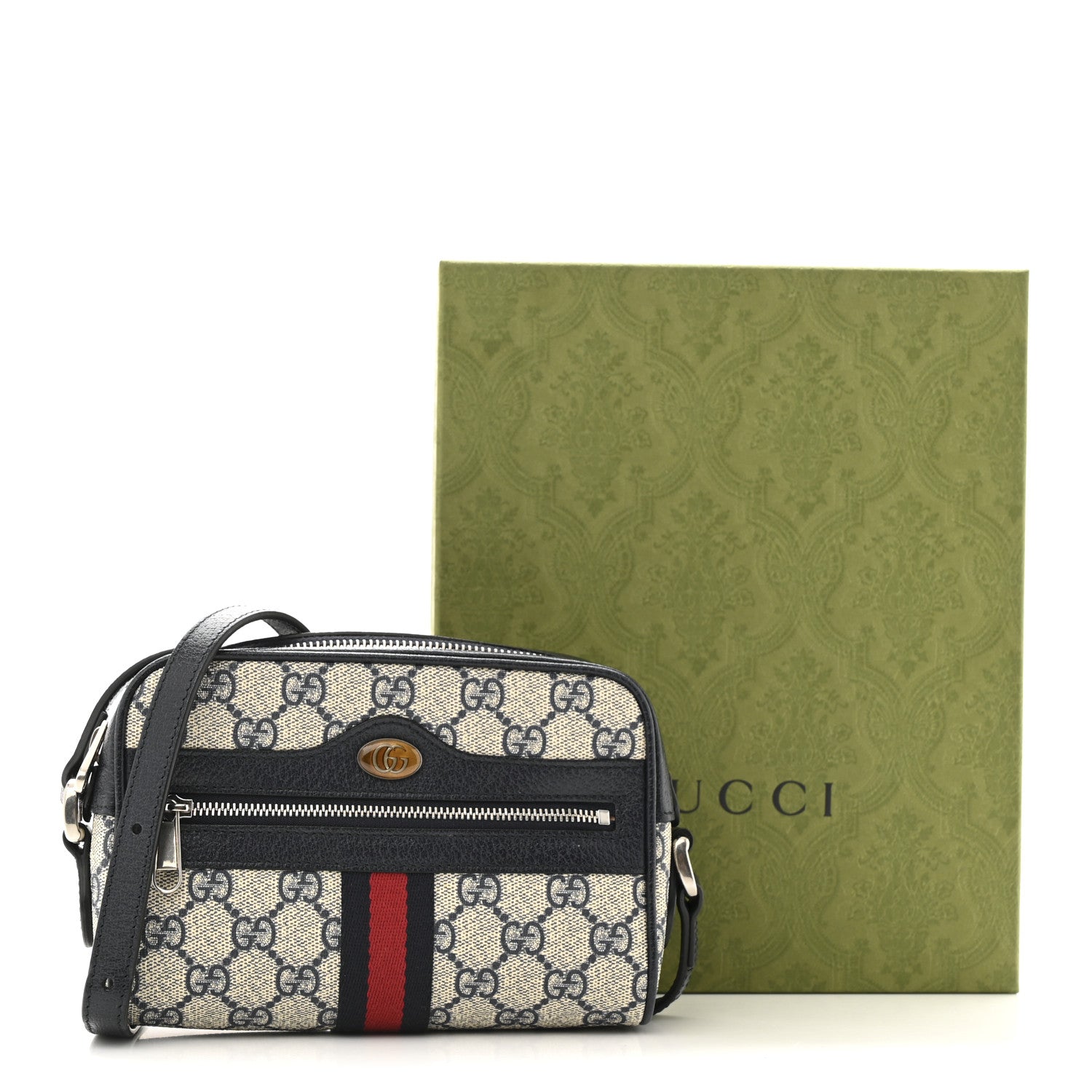 Gucci GG Supreme Monogram Textured Dollar Calfskin Web Mini Ophidia Shoulder Bag Beige Blue 12 of 12
