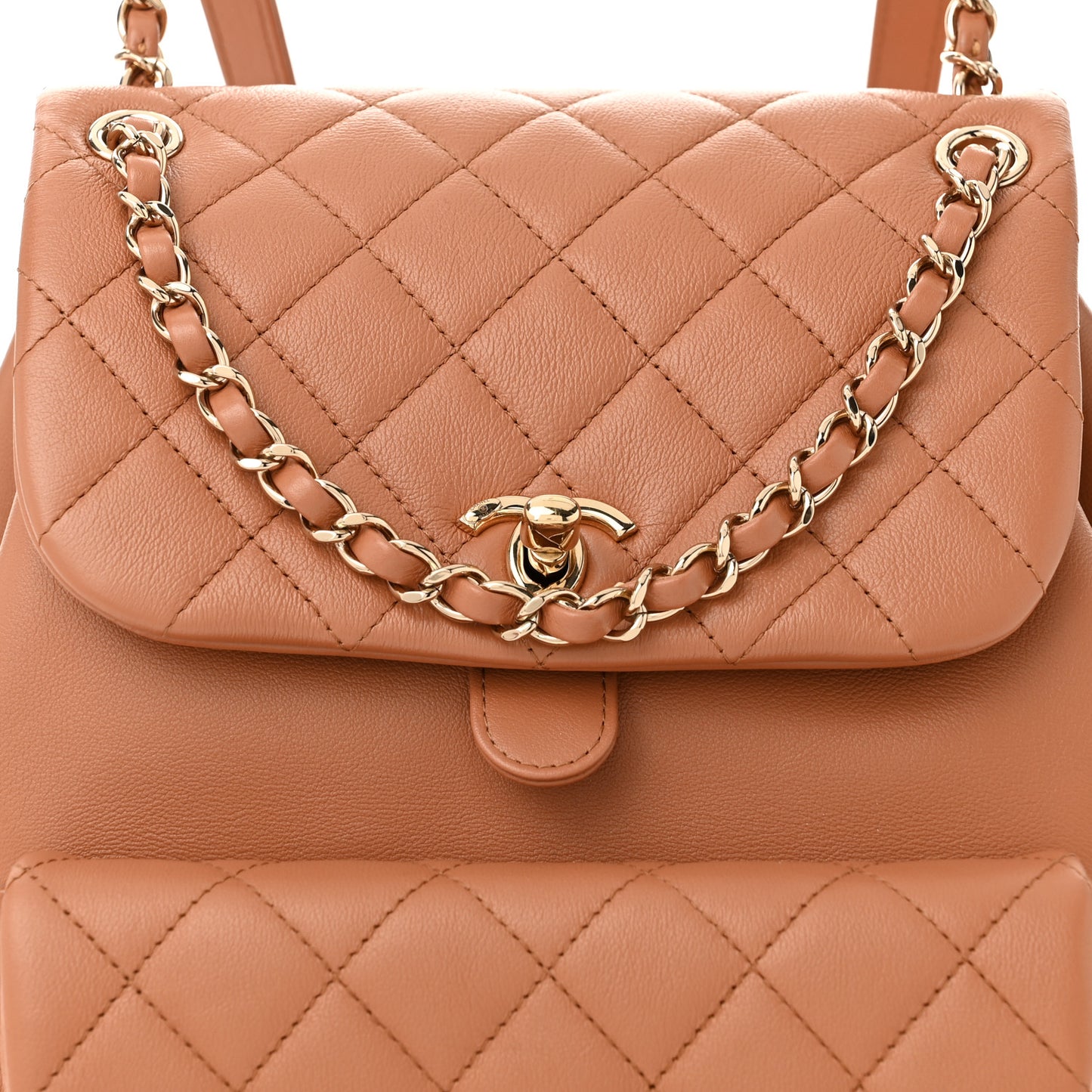 Calfskin Quilted Medium Duma Pockets Drawstring Backpack Dark Beige