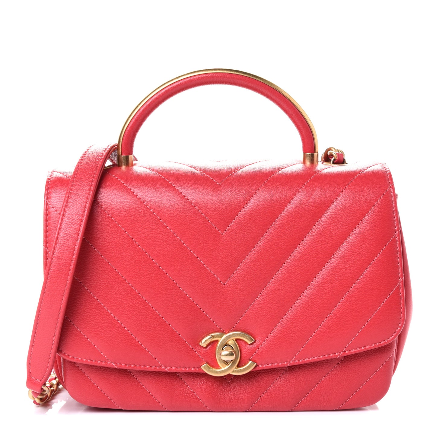 Lambskin Chevron Quilted Gold Top Handle Flap Bag Red