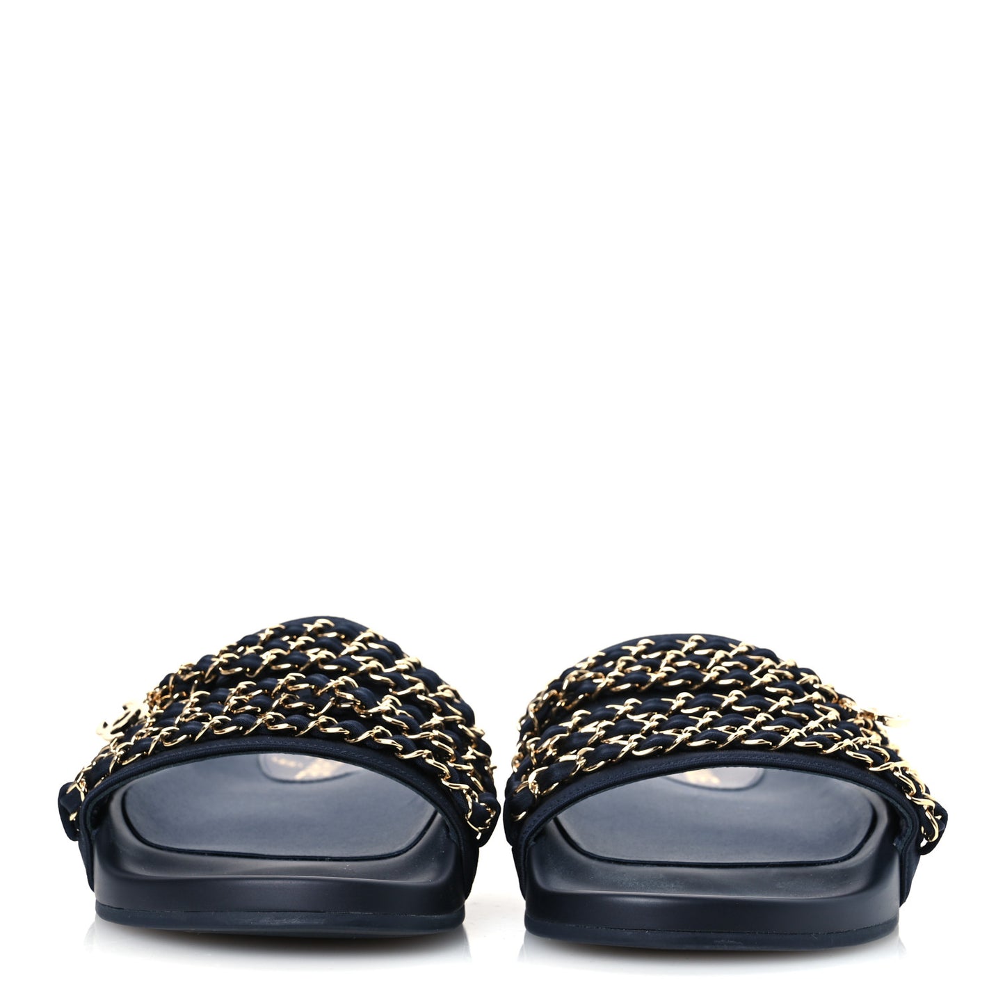 Satin Canvas Chain Slides Sandals Flats 40 Marine