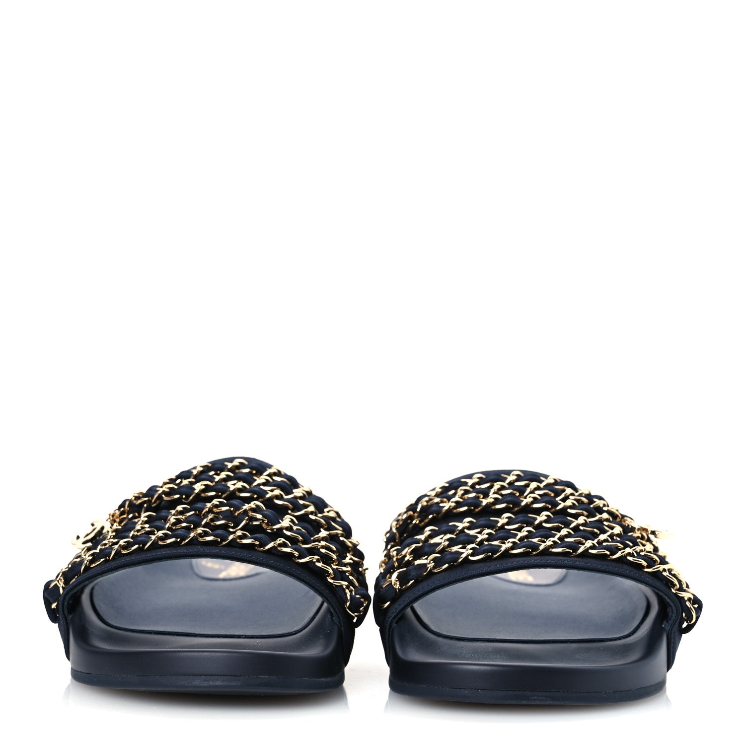 Chanel Satin Canvas Chain Slides Sandals Flats 40 Marine 3 of 12