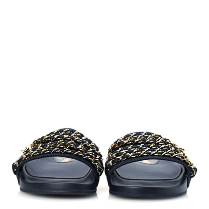 Chanel Satin Canvas Chain Slides Sandals Flats 40 Marine 3 of 12