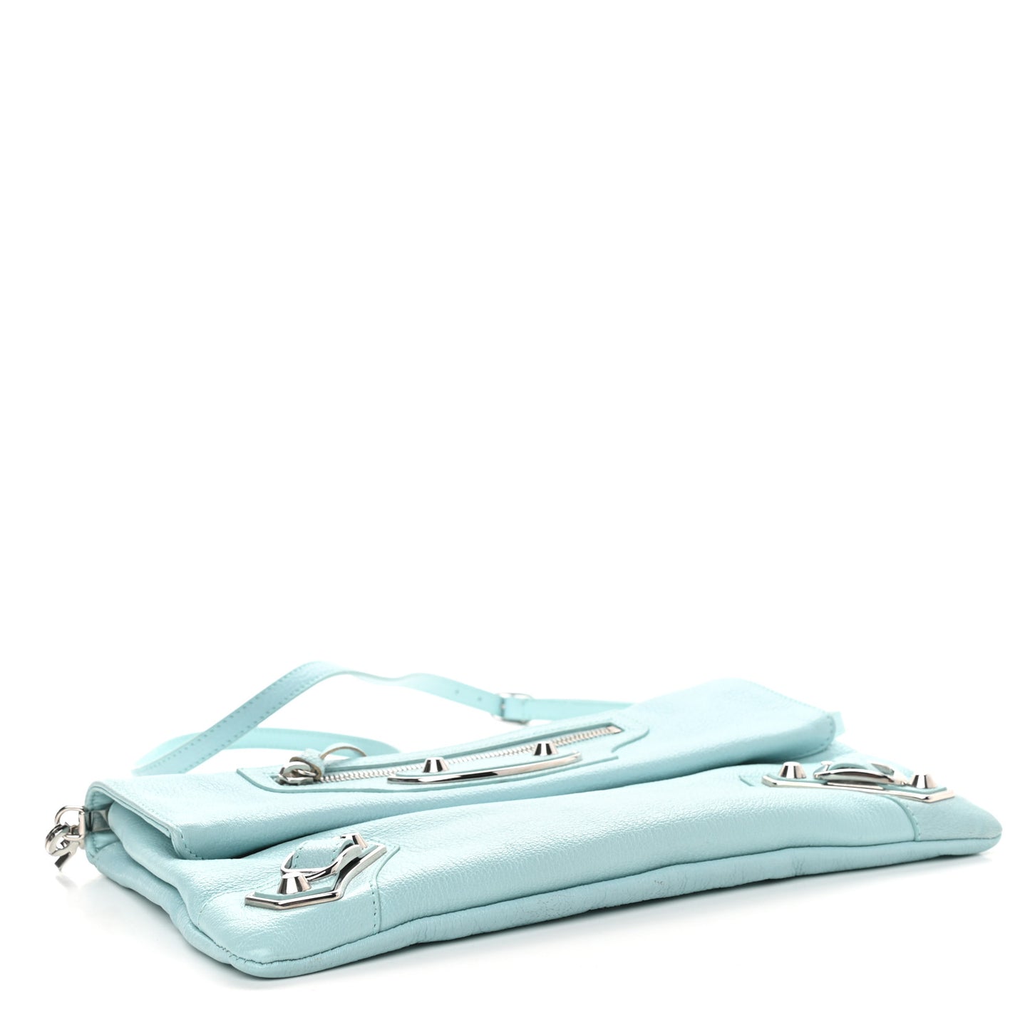 Chevre Silver Metallic Edge Hardware Envelope Clutch Bleu Maldives