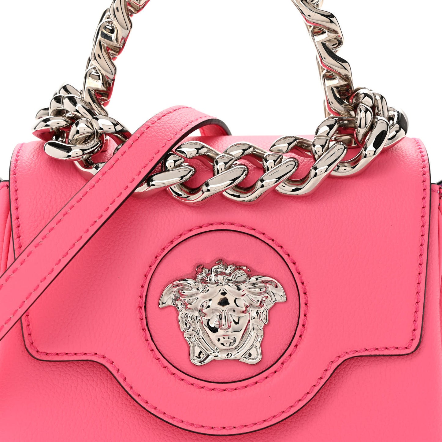 Grained Calfskin Small Chain La Medusa Top Handle Bag Pink
