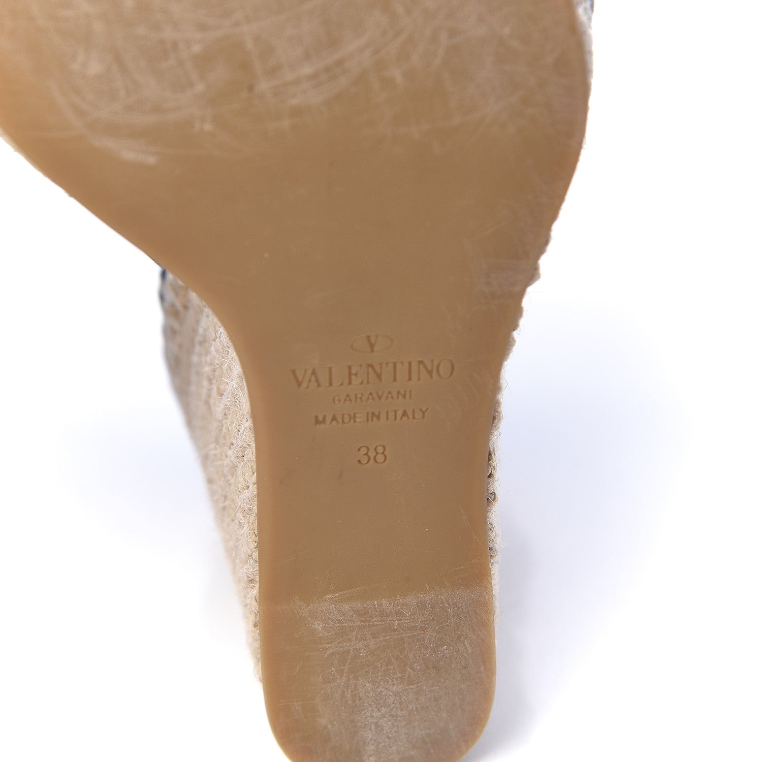 Valentino Garavani Grained Calfskin Rockstud Ankle Strap Espadrille 15/105mm Wedge Sandals 38 Baltique Natural 7 of 9