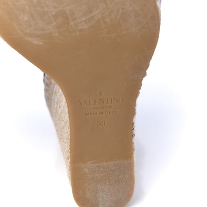 Valentino Garavani Grained Calfskin Rockstud Ankle Strap Espadrille 15/105mm Wedge Sandals 38 Baltique Natural 7 of 9