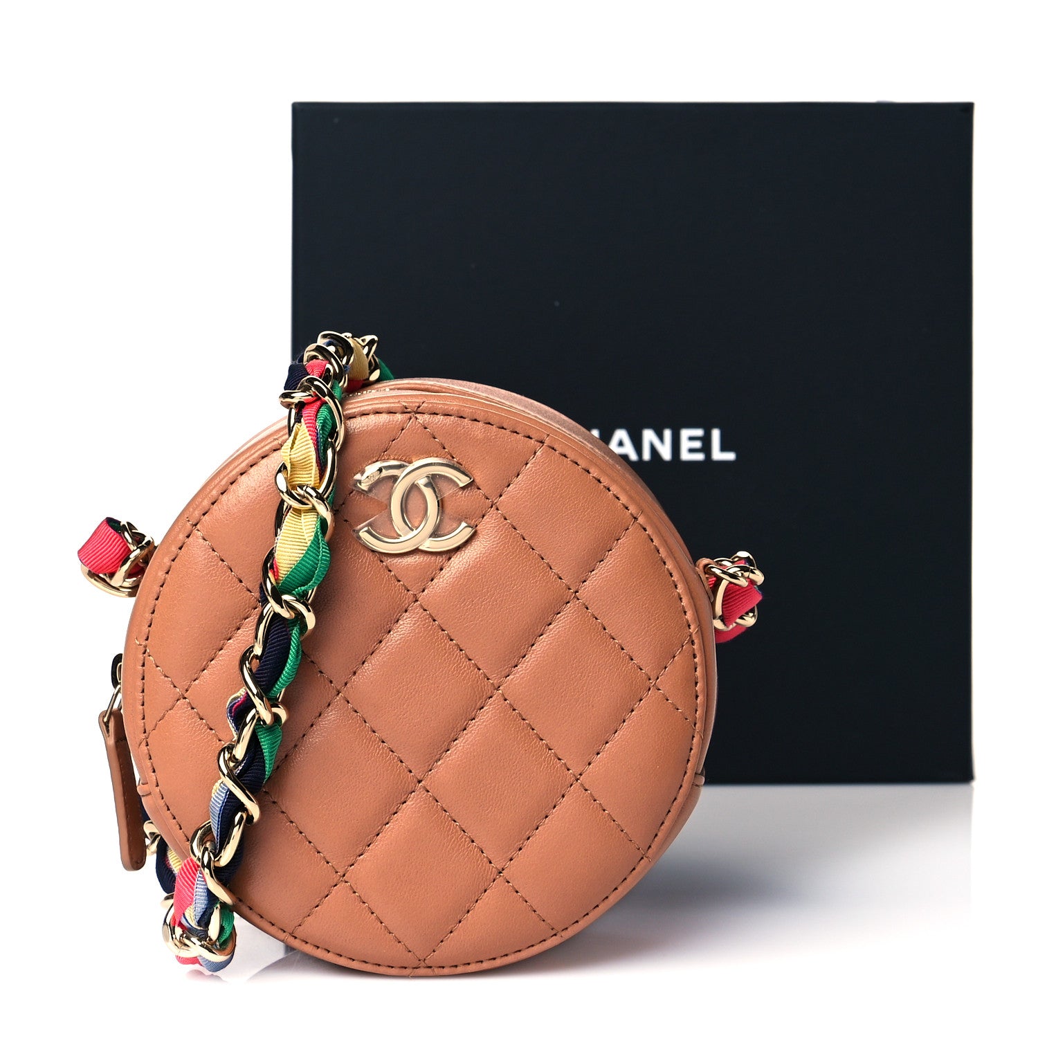 Chanel Shiny Lambskin Ribbon Quilted Round Clutch With Chain Brown 10 of 10