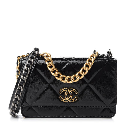 Chanel Shiny Crumpled Calfskin Quilted Chanel 19 Wallet On Chain WOC Black 1 of 12