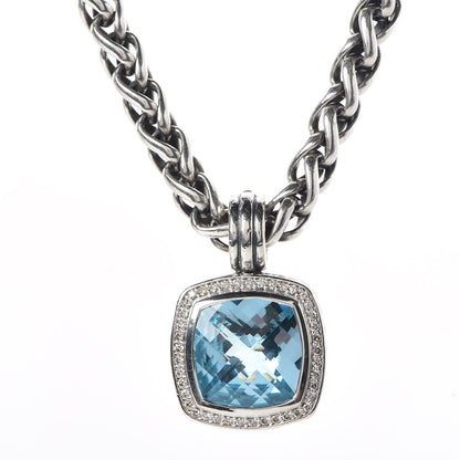 David Yurman Sterling Silver Diamond Blue Topaz 16mm Albion Enhancer Pendant Wheat Chain Necklace 3 of 6