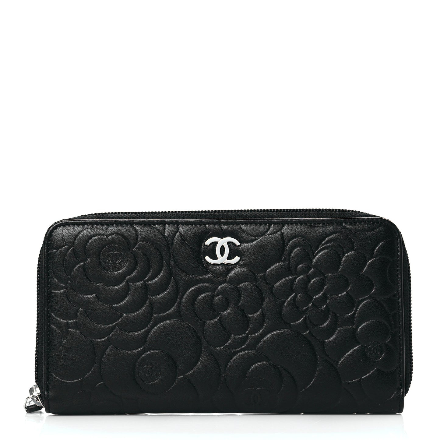 Lambskin Camellia Embossed Large Zip Around Gusset Wallet Black