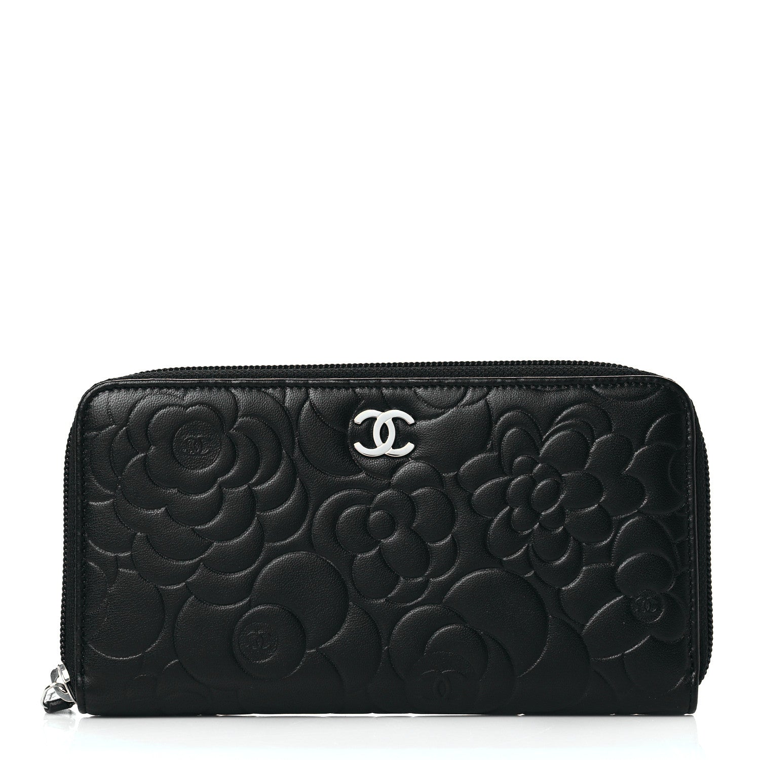 Chanel Lambskin Camellia Embossed Large Zip Around Gusset Wallet Black 1 of 9