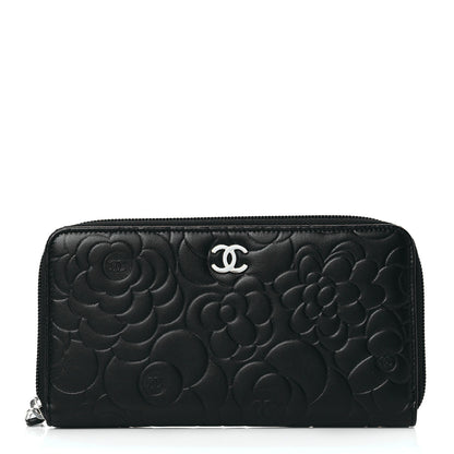 Chanel Lambskin Camellia Embossed Large Zip Around Gusset Wallet Black 1 of 9