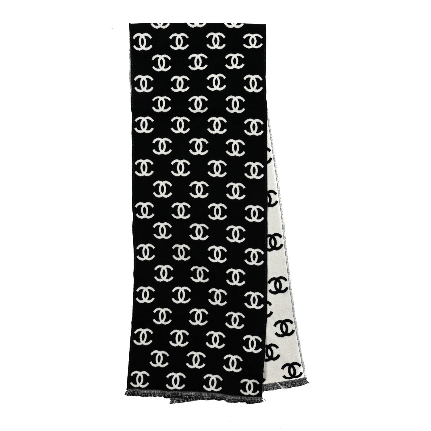 Chanel Wool Cashmere CC Scarf Black White 3 of 4