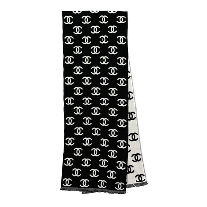 Chanel Wool Cashmere CC Scarf Black White 3 of 4