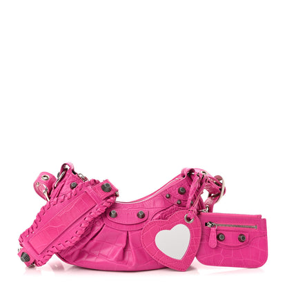 Balenciaga Extra Supple Calfskin Crocodile Embossed XS Le Cagole Shoulder Bag Lipstick Pink 1 of 10