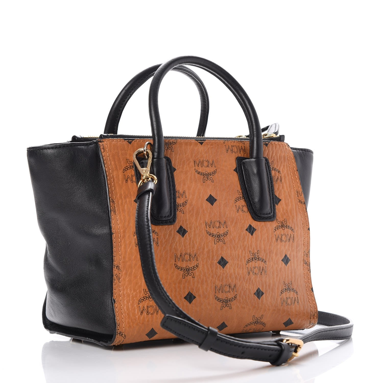 MCM Visetos Small Kathy Double Zip Tote Cognac Black 4 of 19
