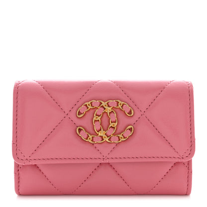 Chanel Shiny Goatskin Quilted Chanel 19 Flap Card Holder Pink 1 of 9