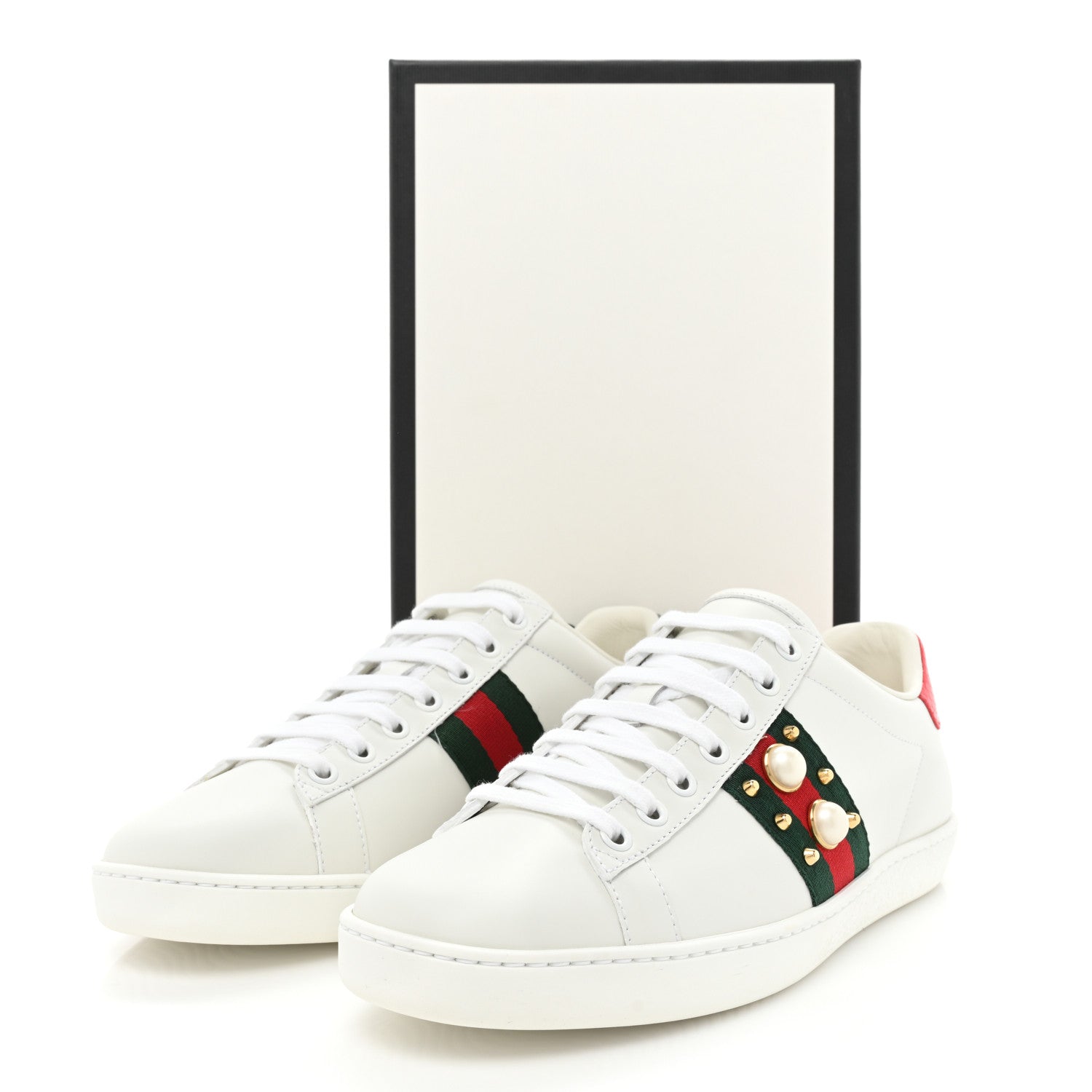 Gucci Calfskin Web Pearl Studded Womens Ace Sneakers 37.5 White 10 of 10