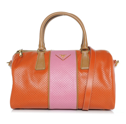 Prada Saffiano Perforated Striped Boston Papaya Caramel 1 of 10