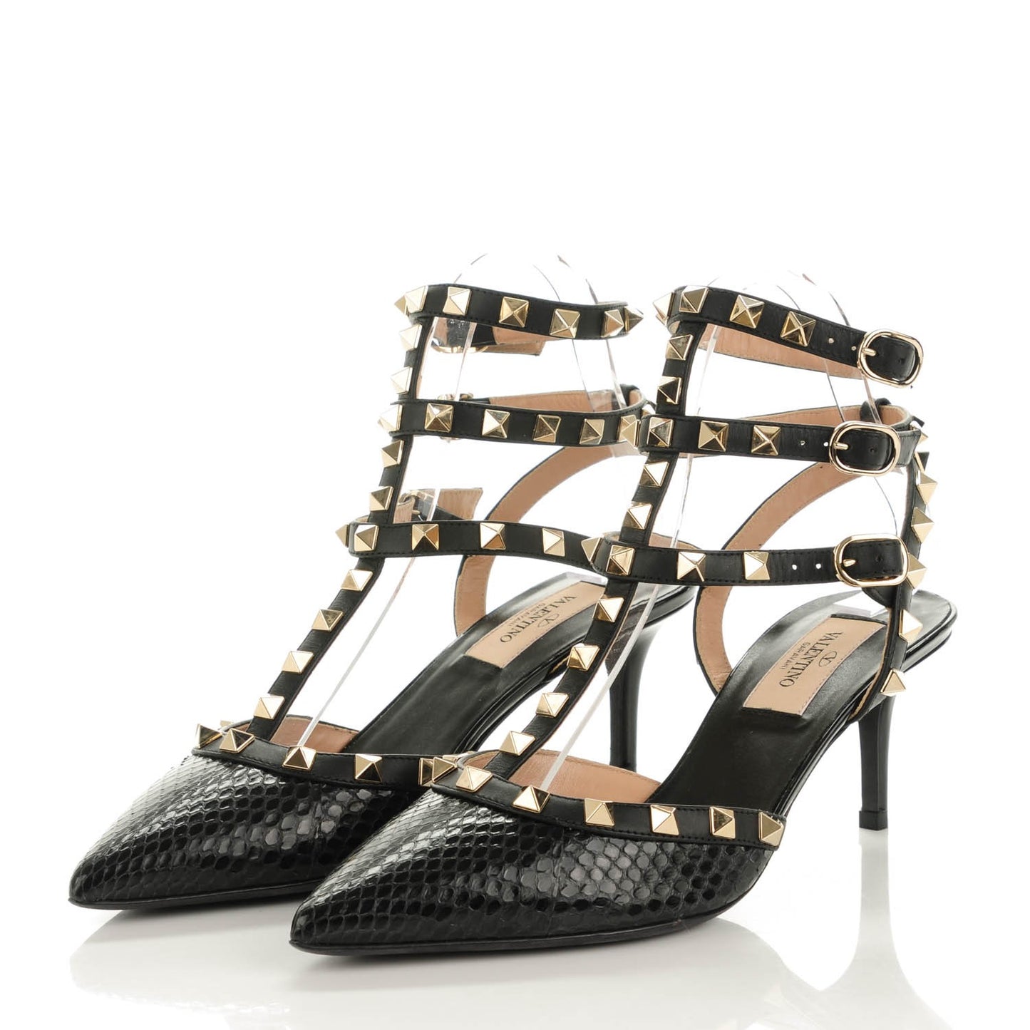 Glossy Python Rockstud Ankle Strap Low Heel Pumps 37 Black