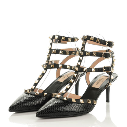Valentino Garavani Glossy Python Rockstud Ankle Strap Low Heel Pumps 37 Black 3 of 7