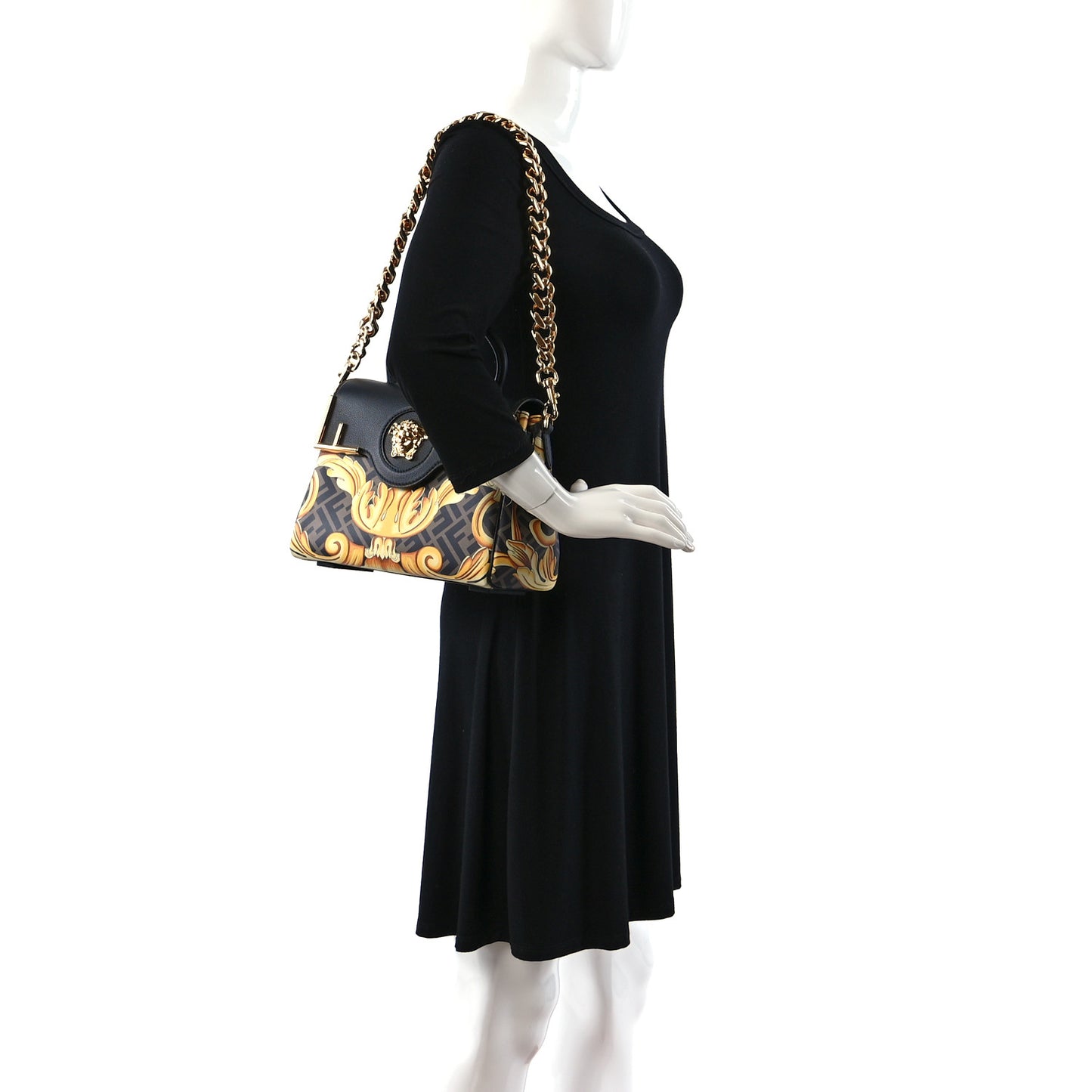 X FENDI Grained Calfskin Fendace La Medusa Medium Top Handle Bag Black Multicolor
