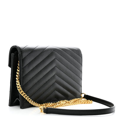 Saint Laurent Grain De Poudre Matelasse Chevron Monogram Envelope Chain Wallet Black 2 of 11