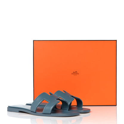 Hermes Box Calfskin Oran Sandals 37 Bleu Pinede 9 of 9