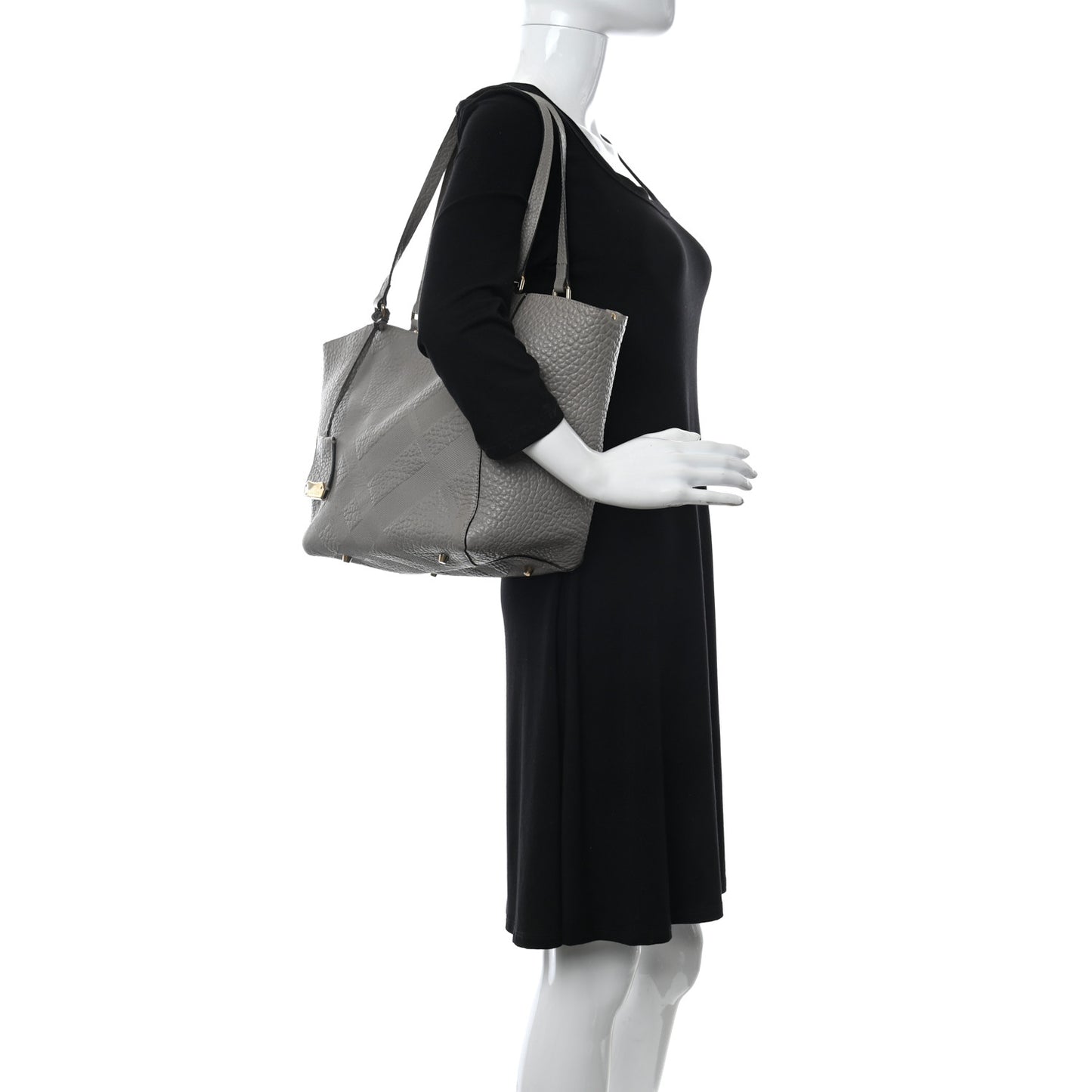 Signature Grain Calfskin Check Embossed Small Canterbury Tote Stone White